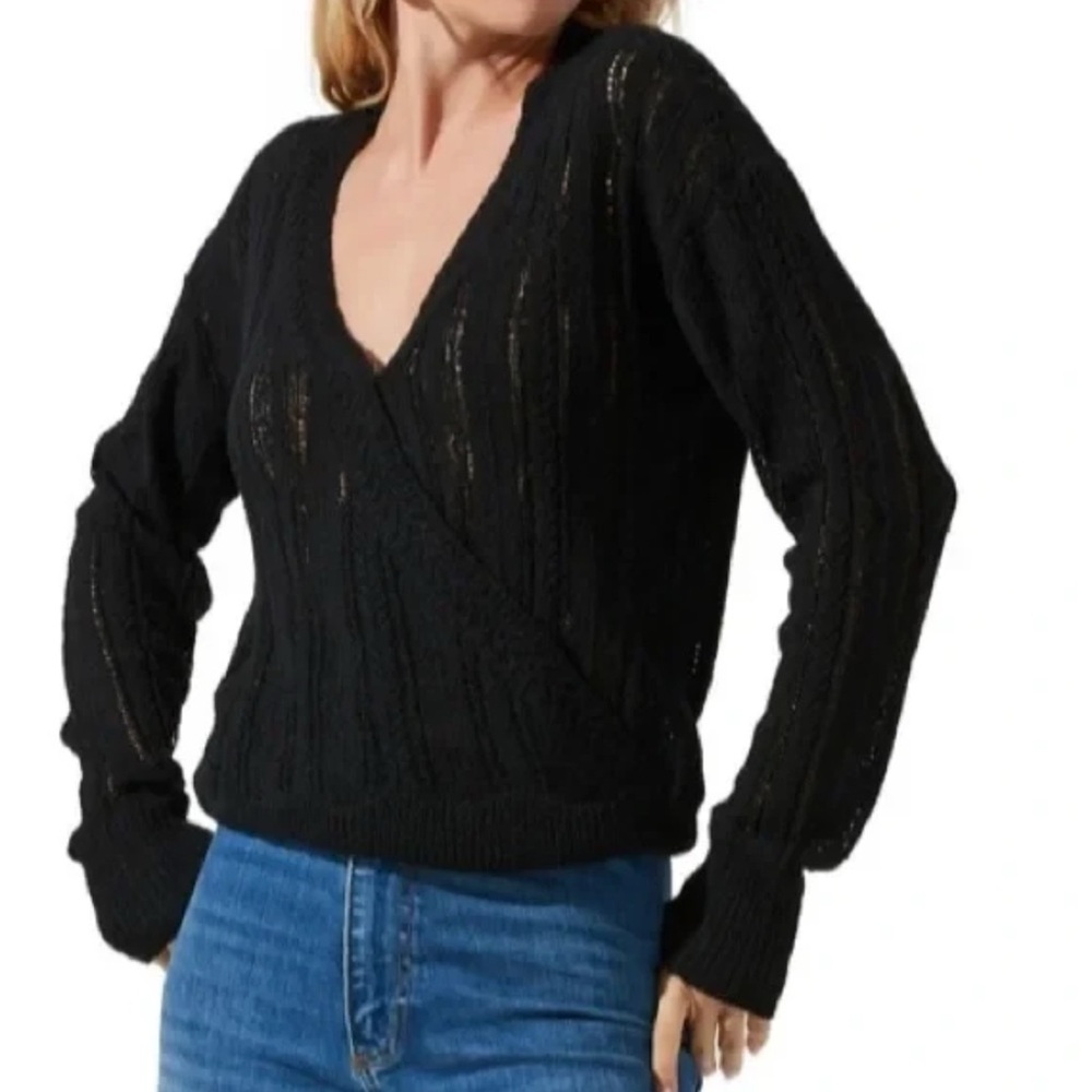 ASTR Women's Size Small Black Wrap Front Pointelle Cardigan Sweater, NWT